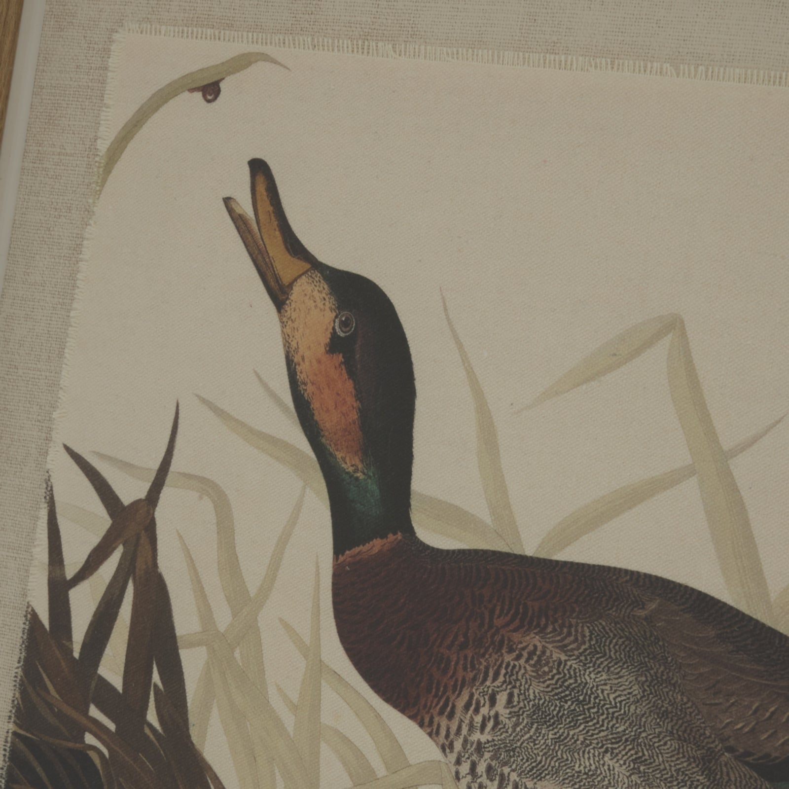 Detailed illustration of a duck on luxurious linen, framed in understated beads, featuring soothing earth tones.