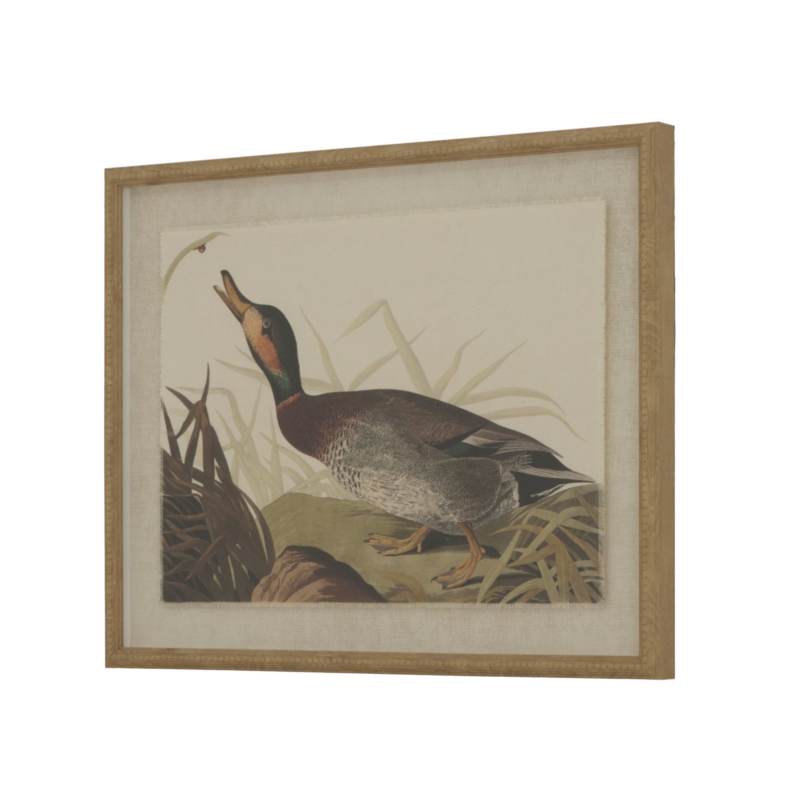 Duck illustration on luxurious linen, framed in a subtle beaded frame, featuring soothing earth tones for elegance.