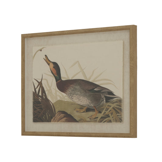 Duck illustration on luxurious linen, framed in a subtle beaded frame, featuring soothing earth tones for elegance.