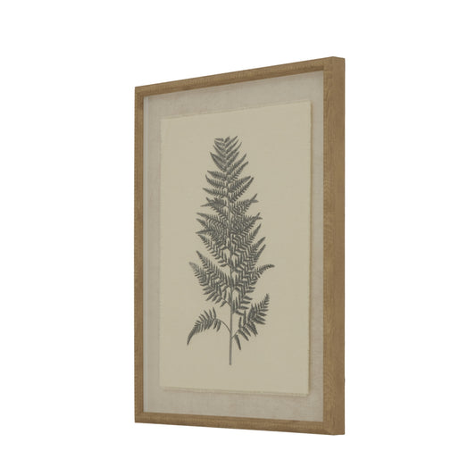 Beech fern illustration on natural linen, framed in an elegant light wood beaded frame, adding botanical sophistication.