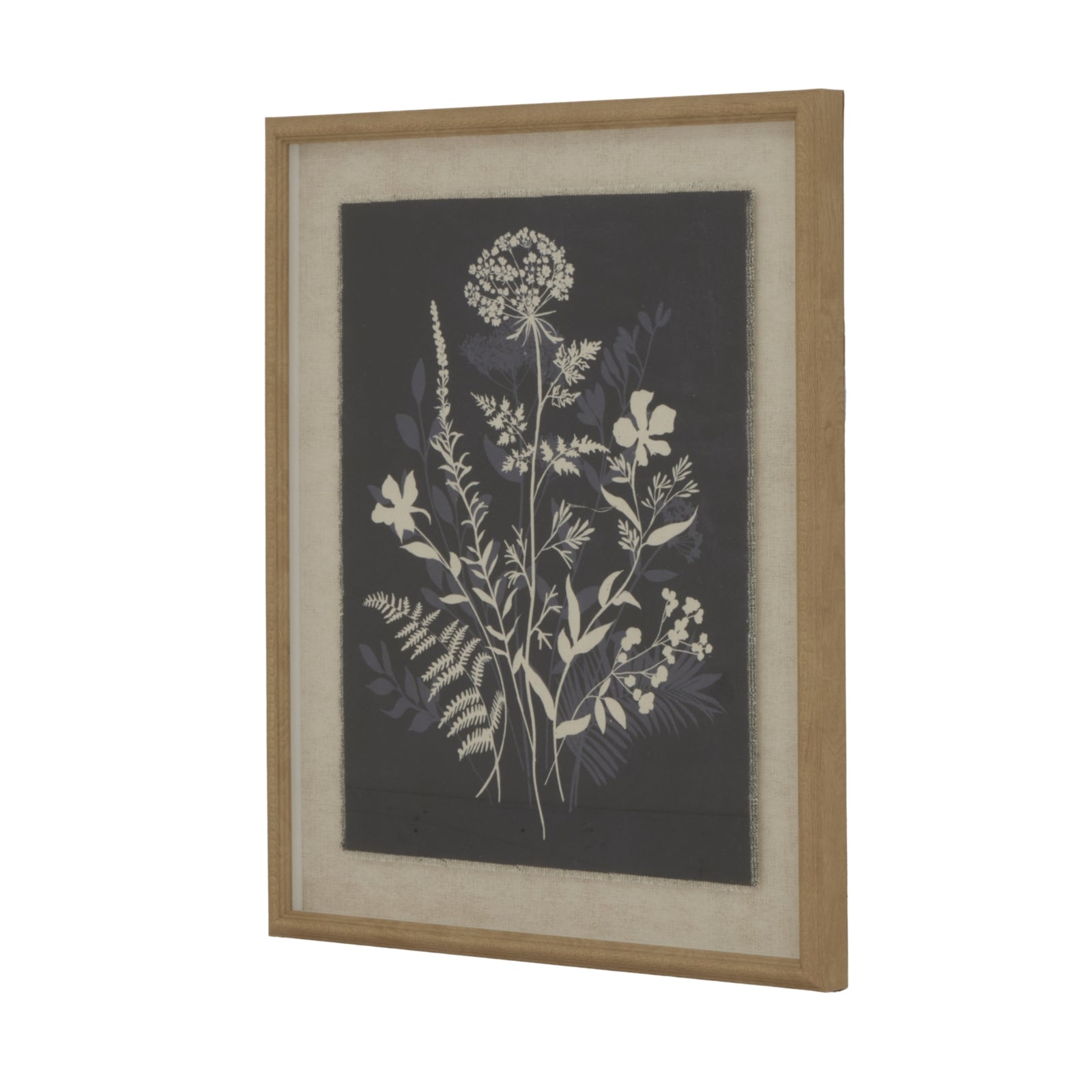 Meadow scene printed on natural linen, framed in a delicate beaded wood frame; evokes tranquility and elegance.