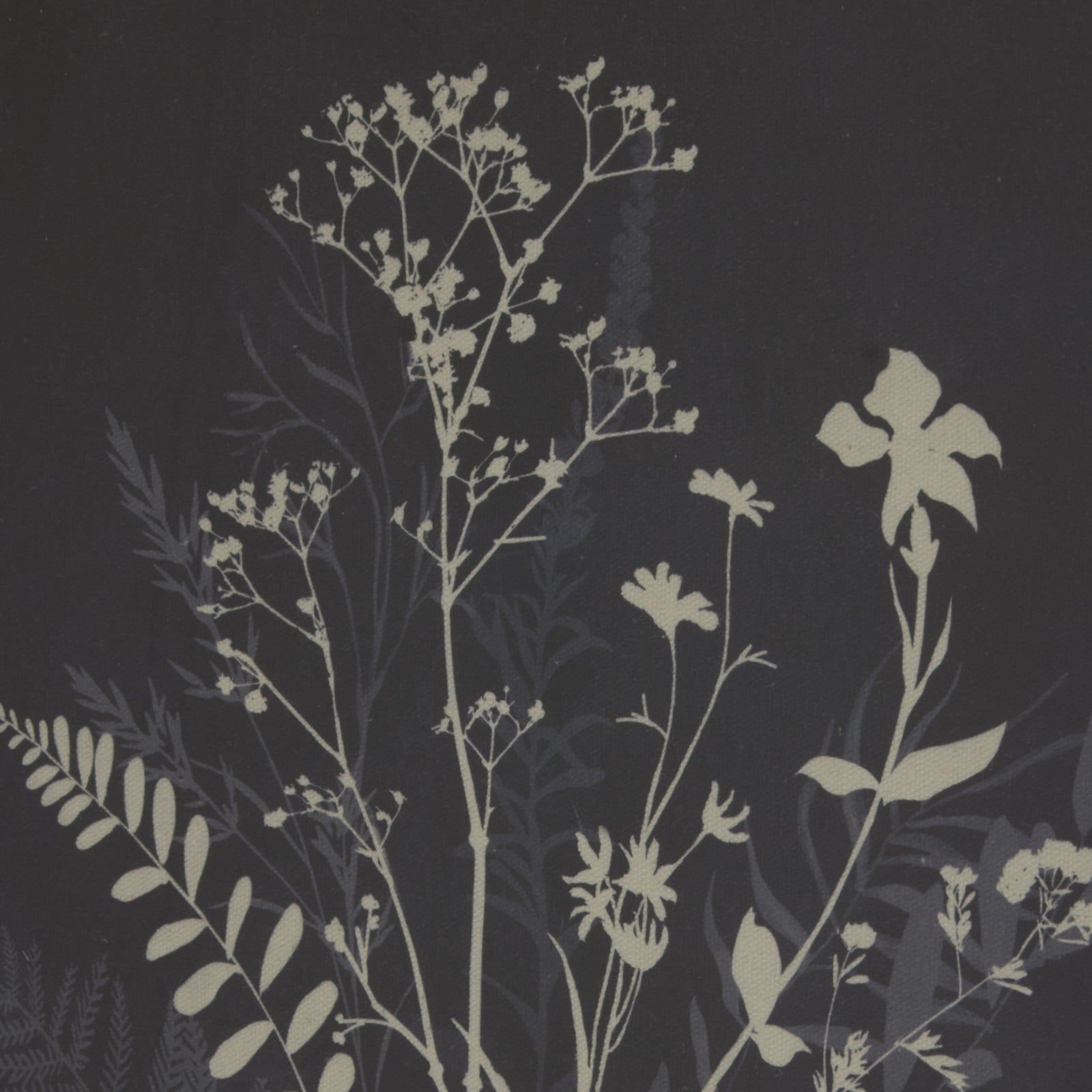 Botanical artwork on fine linen, featuring white floral silhouettes against a dark background, framed with elegant beads.