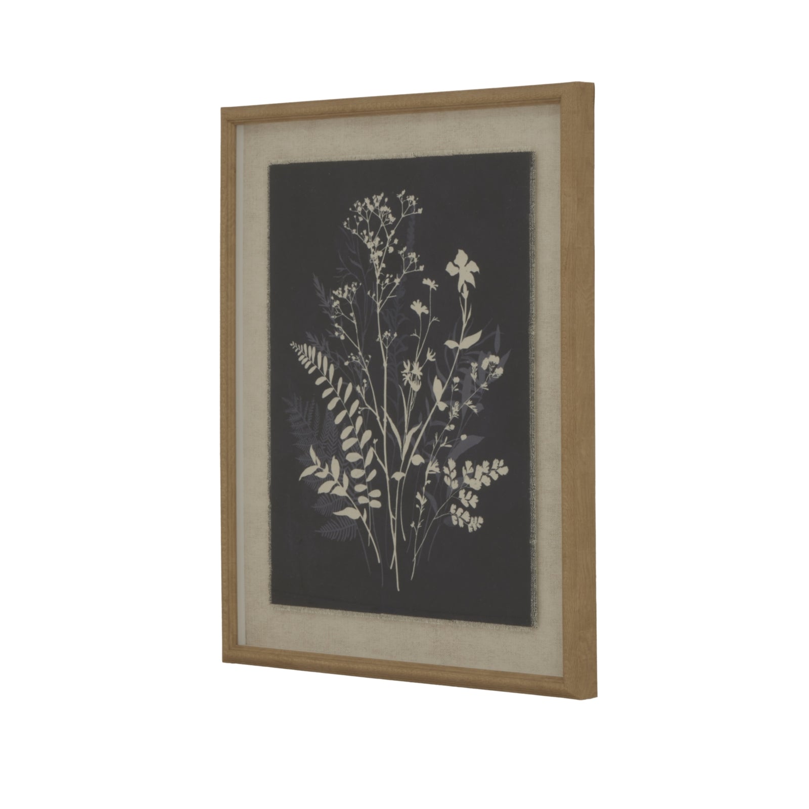 Botanical artwork featuring delicate white floral designs on a dark background, framed in a refined wooden beaded frame.