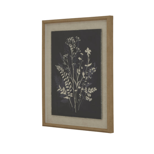 Botanical artwork featuring delicate white floral designs on a dark background, framed in a refined wooden beaded frame.