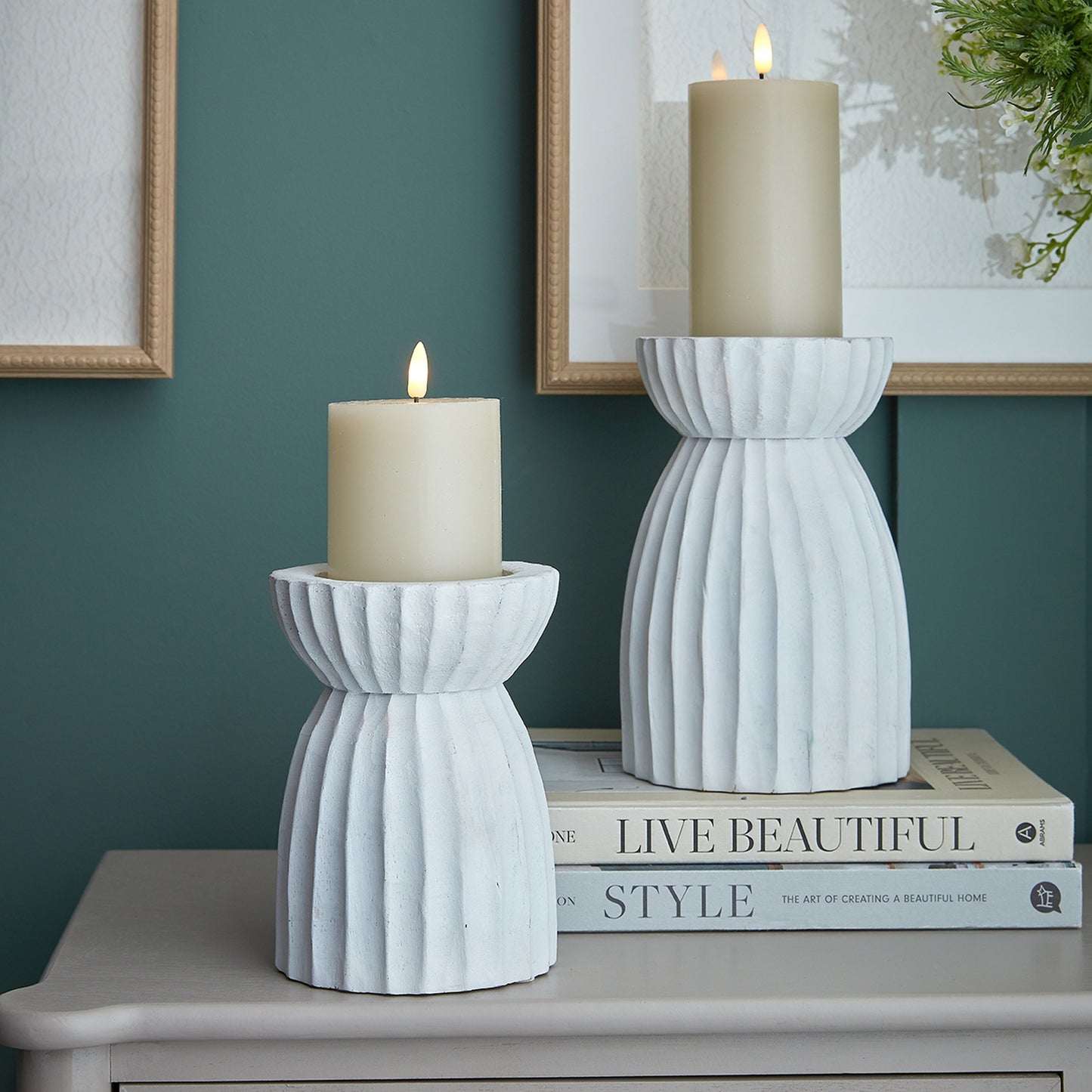 Large White Carved Hurricane Lantern - Candle Holders from the Quanta Home collection.