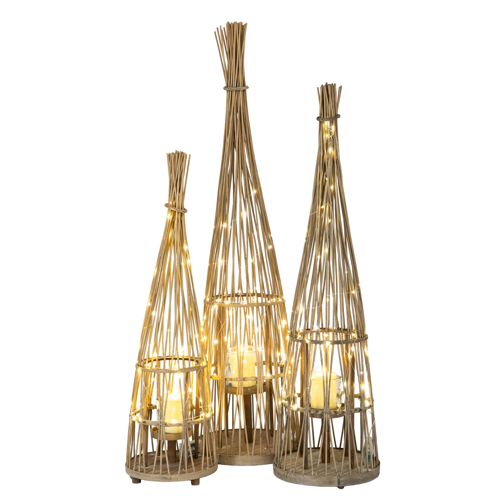 Medium Conical Wicker Lantern With Glass Holder & LED Lights - Candle Holders from the Quanta Home collection.