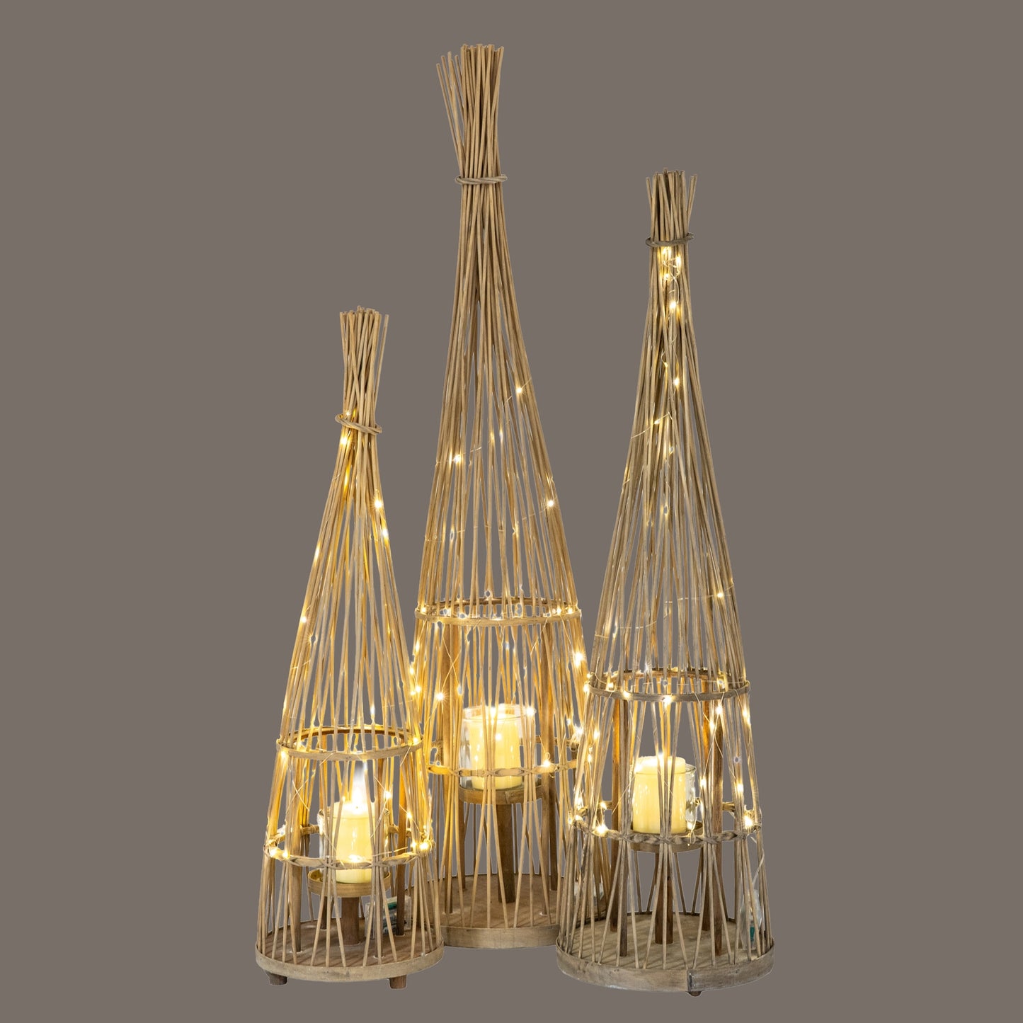 Medium Conical Wicker Lantern With Glass Holder & LED Lights - Candle Holders from the Quanta Home collection.