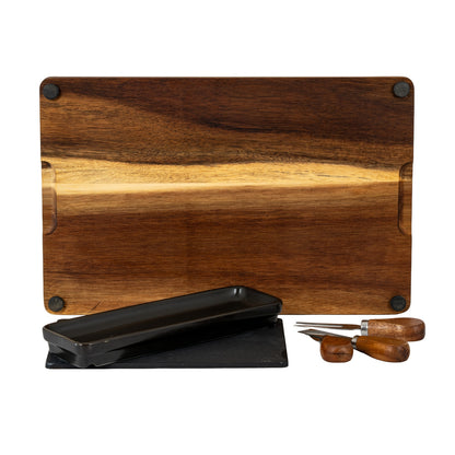 Acacia Cheese Board Set With Grey Bowl, Slate and Cutlery