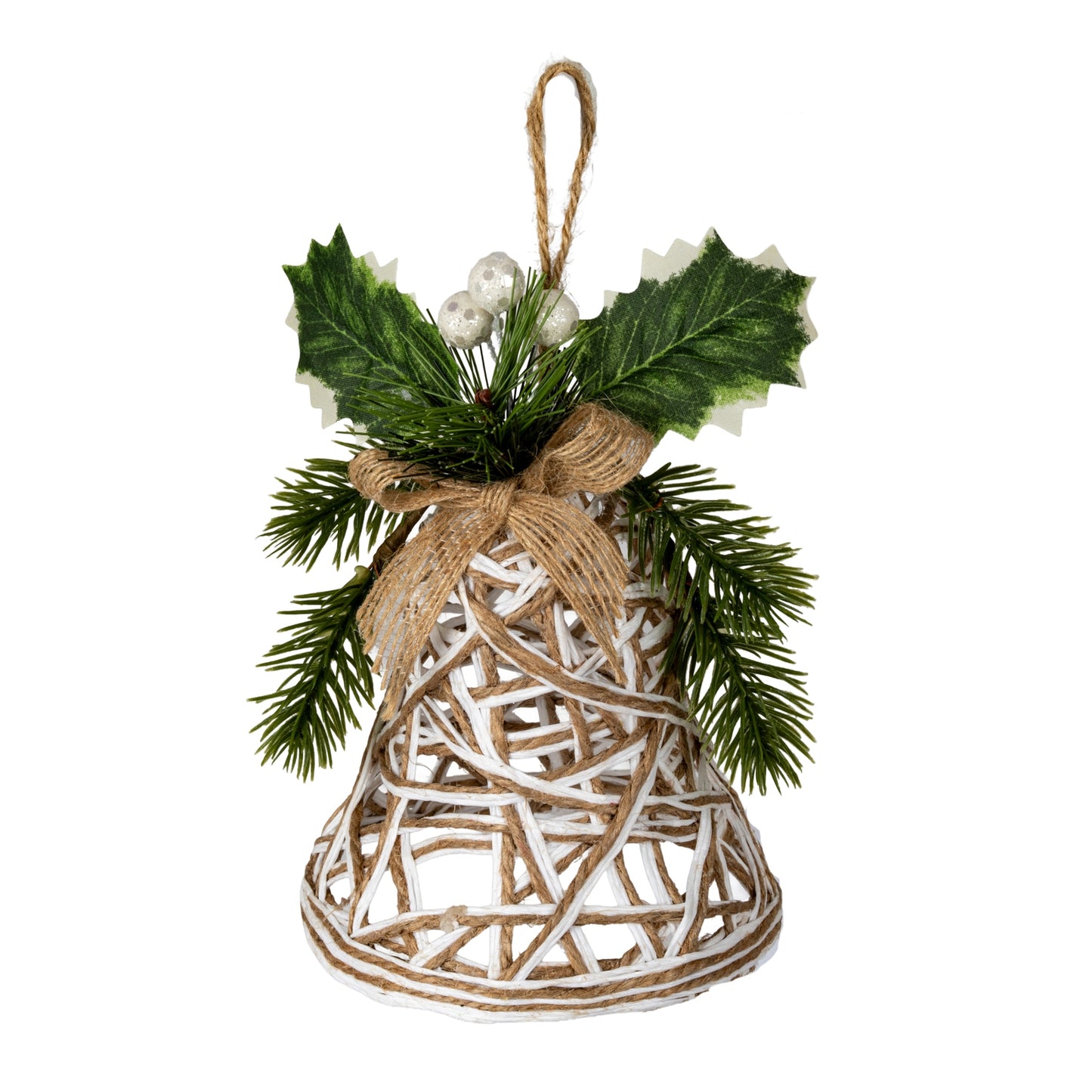 White Rattan Bell Decoration With Branches And Ribbon - 0.0280