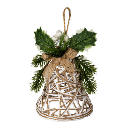 White Rattan Bell Decoration With Branches And Ribbon - 0.0280
