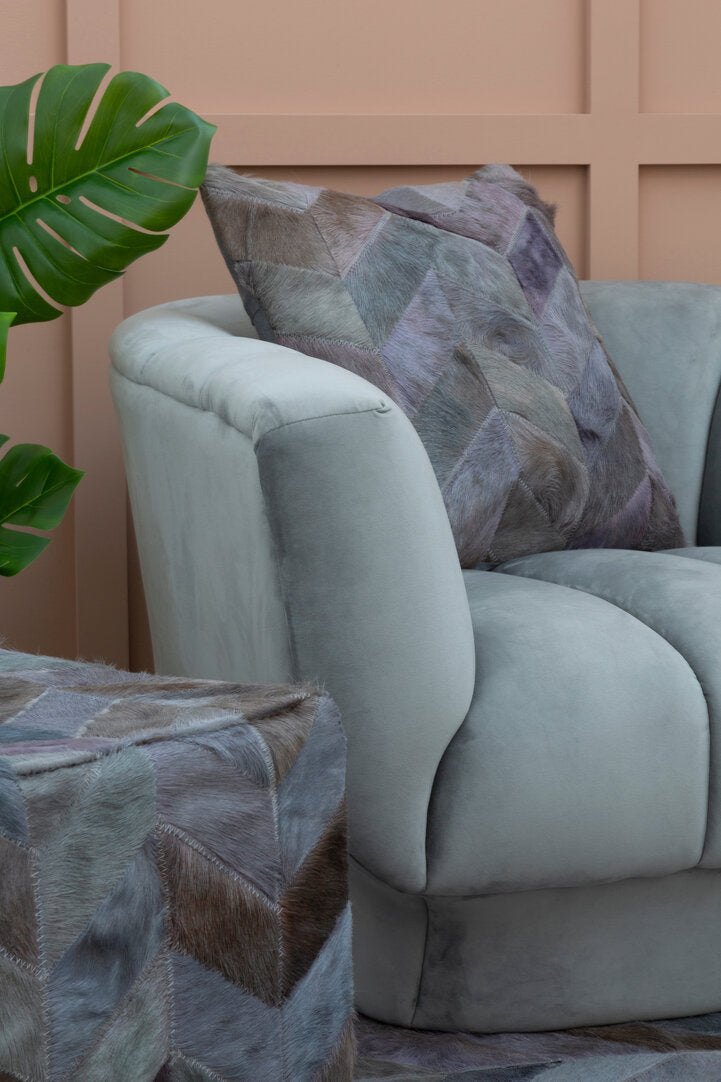 Azure Grey Chevron Hair on Leather Patchwork Cushion