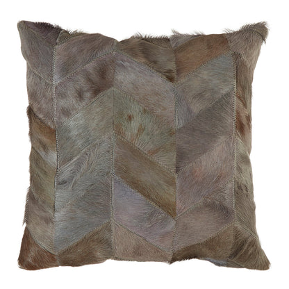 Azure Grey Chevron Hair on Leather Patchwork Cushion