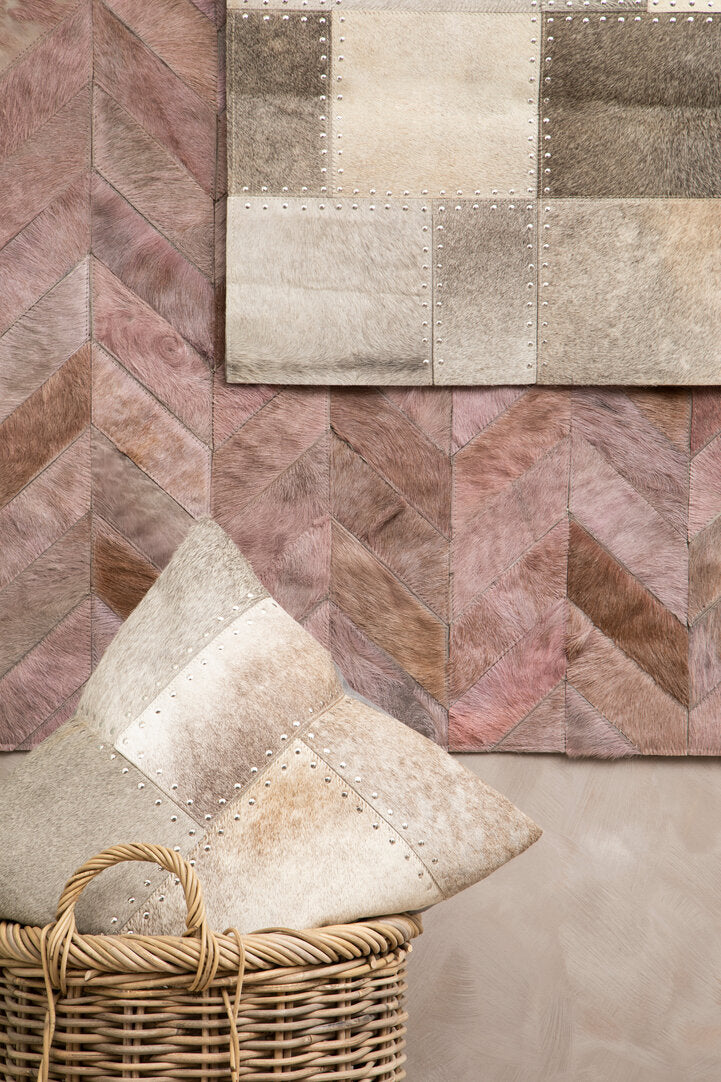 Azure Grey Hair on Leather Patchwork Cushion