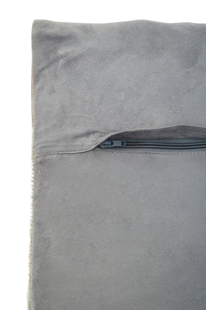 Azure Grey Hair on Leather Patchwork Cushion