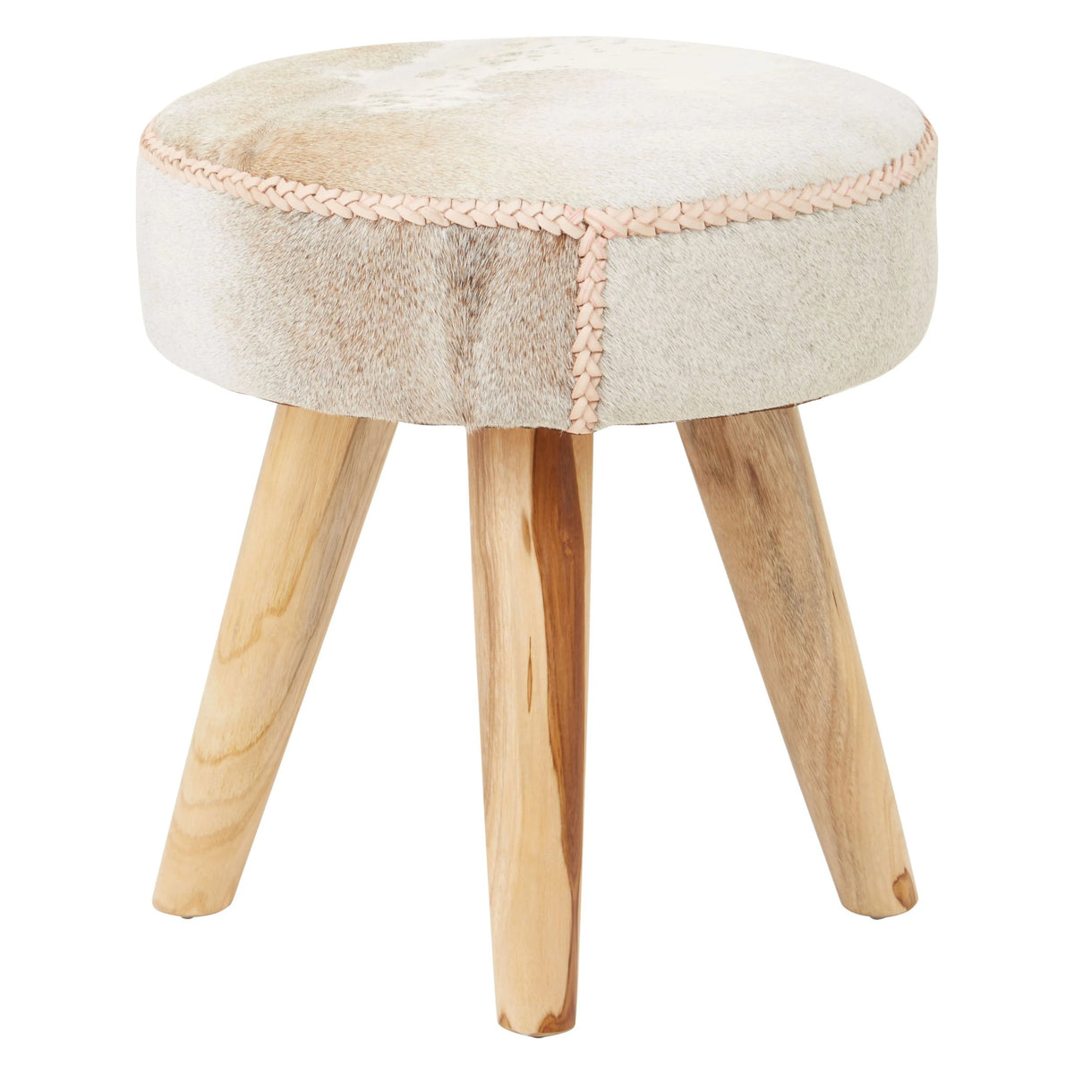 Sumatra Natural Hair on Leather and Teak Wood Round Stool