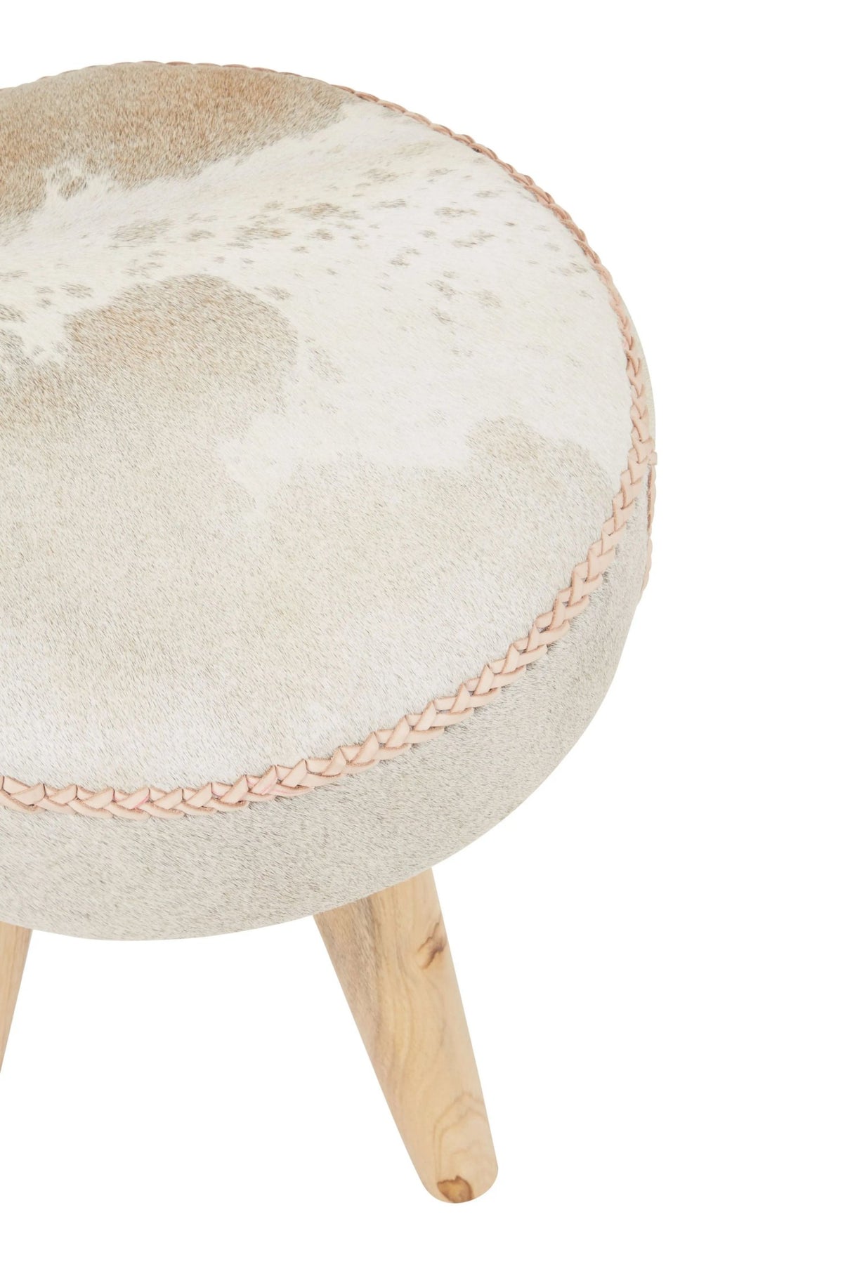 Sumatra Natural Hair on Leather and Teak Wood Round Stool