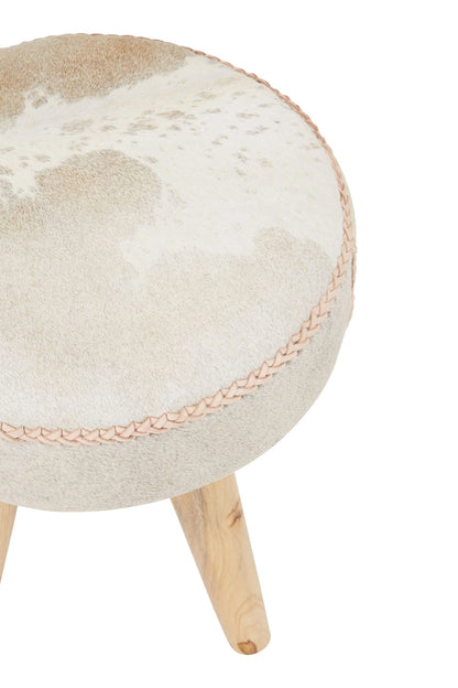 Sumatra Natural Hair on Leather and Teak Wood Round Stool