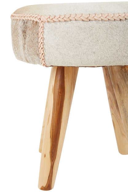 Sumatra Natural Hair on Leather and Teak Wood Round Stool