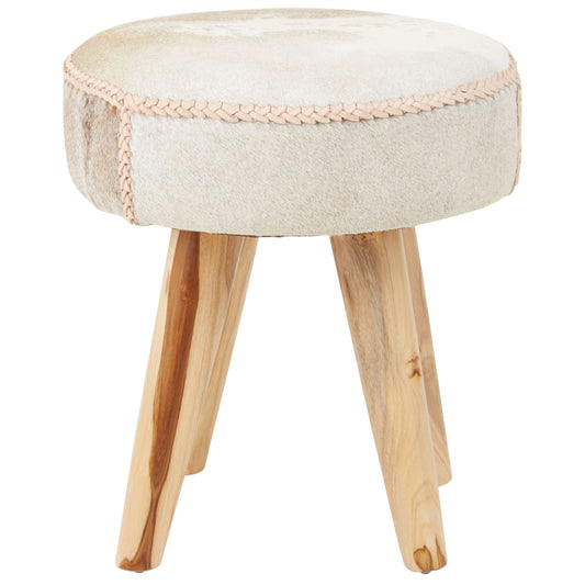 Sumatra Natural Hair on Leather and Teak Wood Round Stool