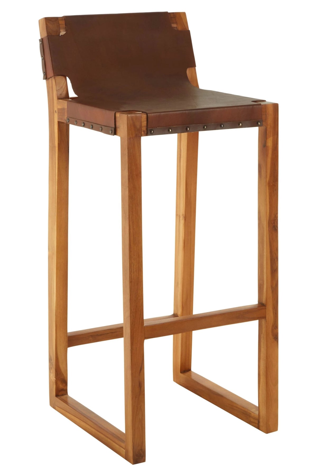 Sumatra Brown Leather Bar Chair with Teak Wood Frame
