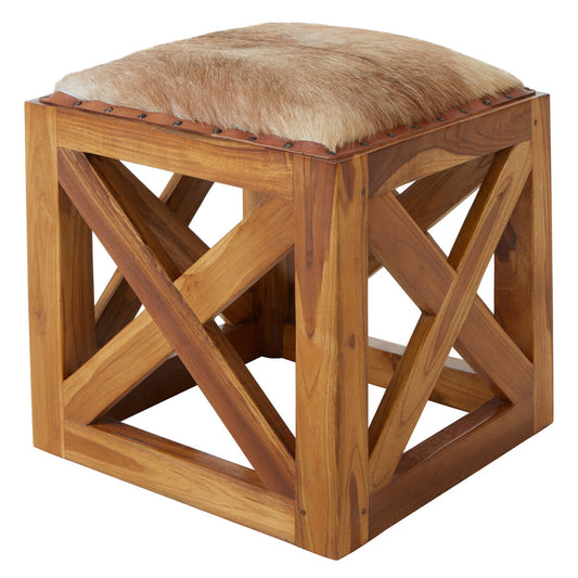 Sumatra Hair on Leather and Teak Wood Square Stool