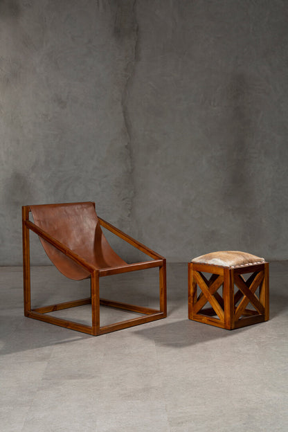 Sumatra Hair on Leather and Teak Wood Square Stool