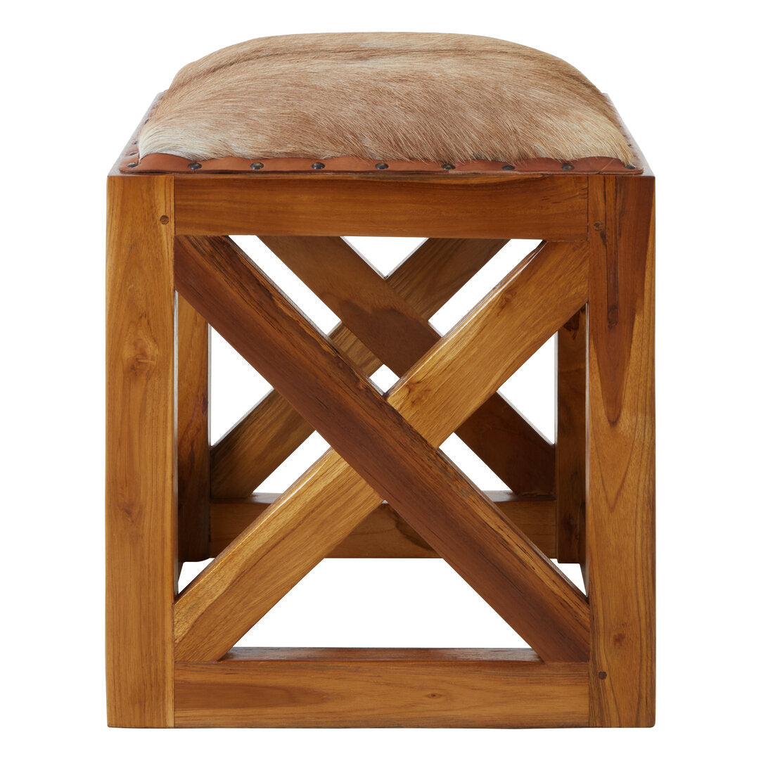 Sumatra Hair on Leather and Teak Wood Square Stool