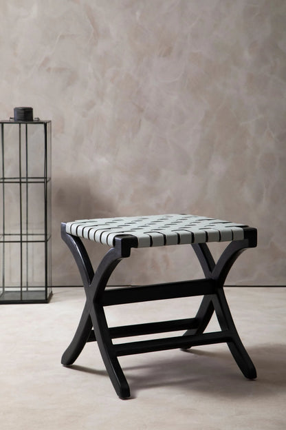 Sumatra Grey Woven Leather and Black Teak Stool
