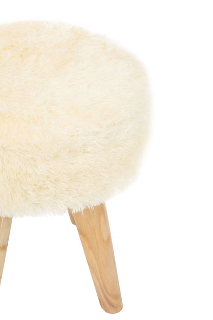 Sumatra Cream Faux Fur and Teak Wood Stool