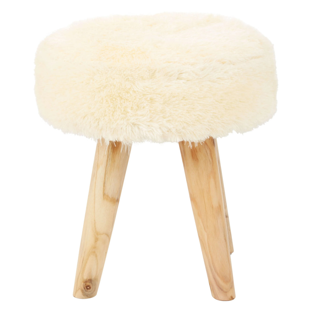 Sumatra Cream Faux Fur and Teak Wood Stool