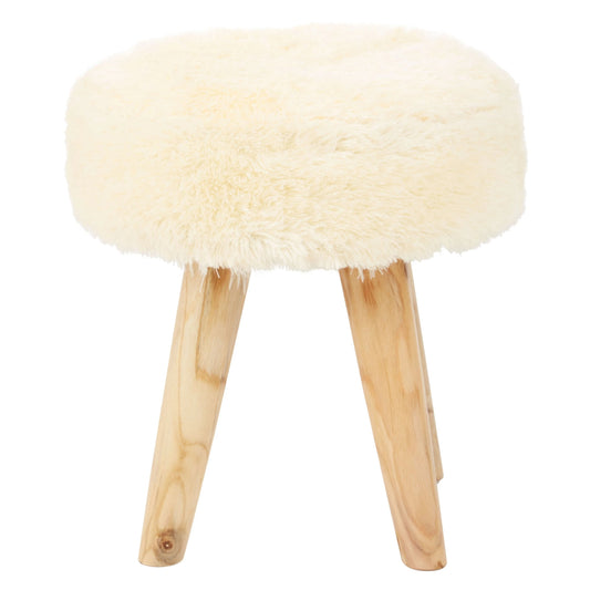 Sumatra Cream Faux Fur and Teak Wood Stool