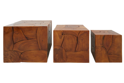 Teak Set of 3 Solid Teak Wood Side Tables and Stools