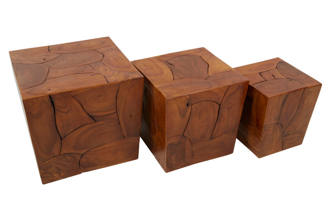 Teak Set of 3 Solid Teak Wood Side Tables and Stools