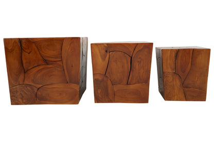 Teak Set of 3 Solid Teak Wood Side Tables and Stools