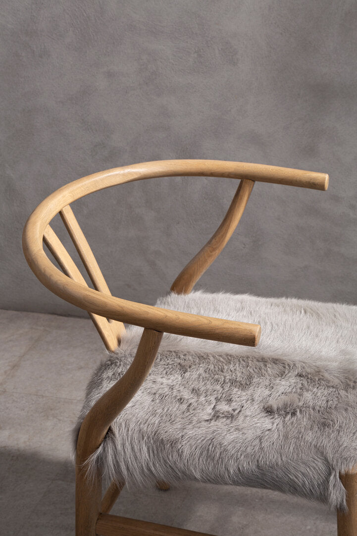 Amber Natural Oak Wood and Grey Fur Dining Chair