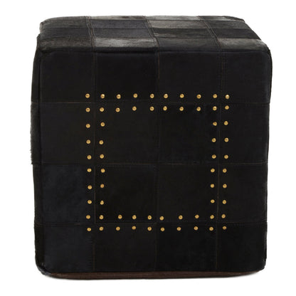 Hygge Safira Black Patchwork Leather Pouffe With Gold Studs