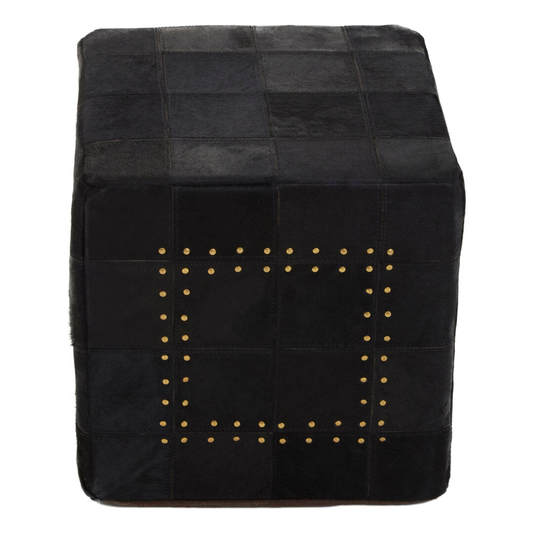 Hygge Safira Black Patchwork Leather Pouffe With Gold Studs