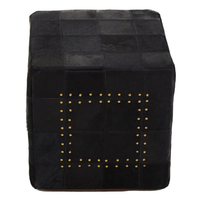 Hygge Safira Black Patchwork Leather Pouffe With Gold Studs
