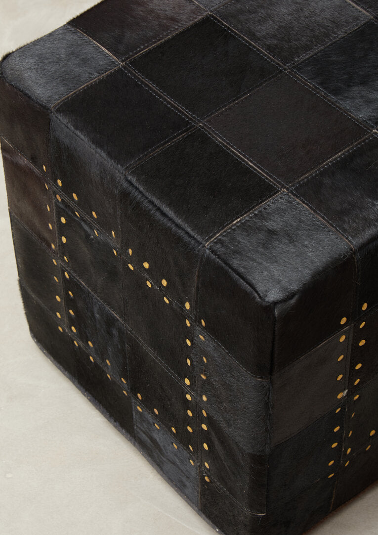Hygge Safira Black Patchwork Leather Pouffe With Gold Studs
