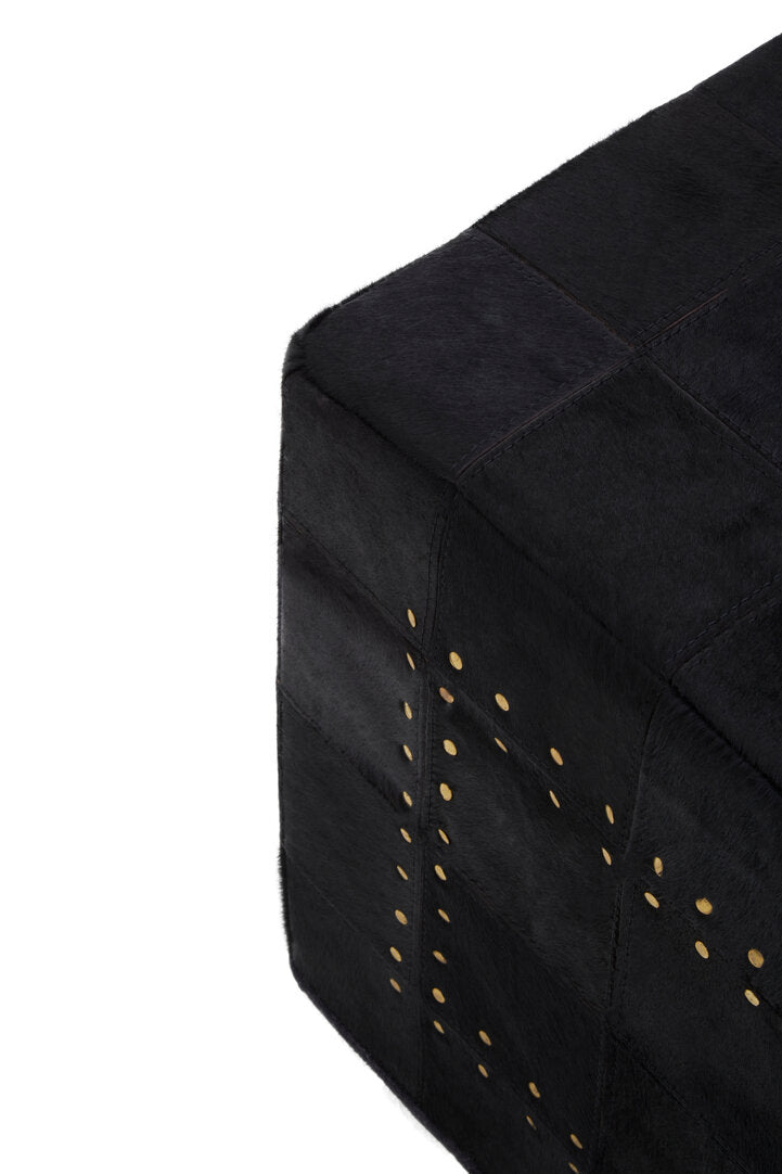 Hygge Safira Black Patchwork Leather Pouffe With Gold Studs