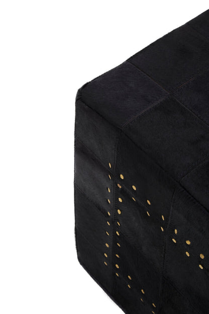 Hygge Safira Black Patchwork Leather Pouffe With Gold Studs
