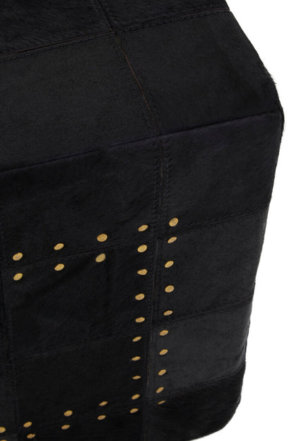 Hygge Safira Black Patchwork Leather Pouffe With Gold Studs