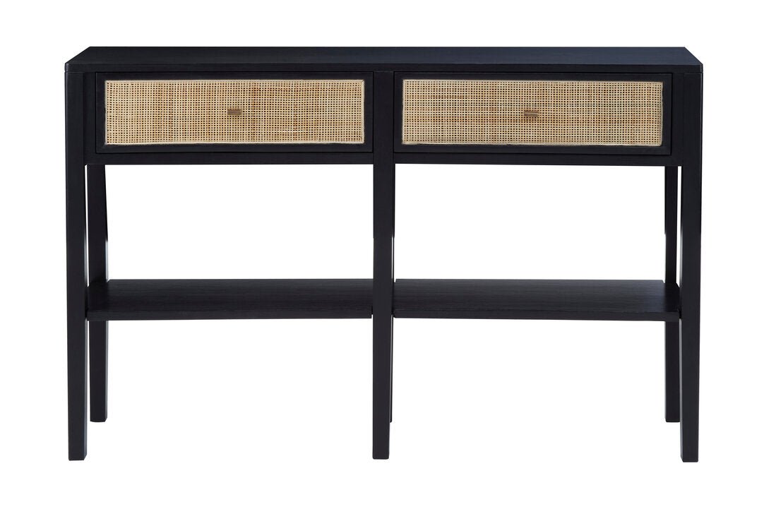 Via Black Console Table with Rattan Drawers