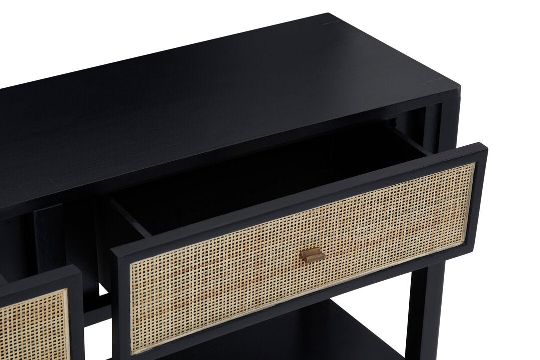 Via Black Console Table with Rattan Drawers
