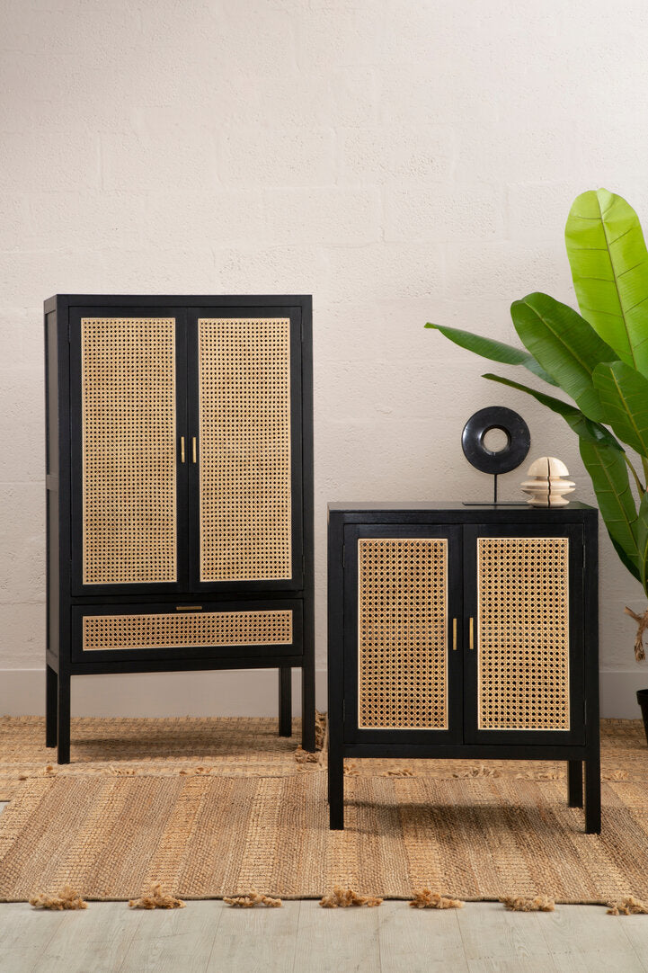 Via Black Sideboard with Two Rattan Doors