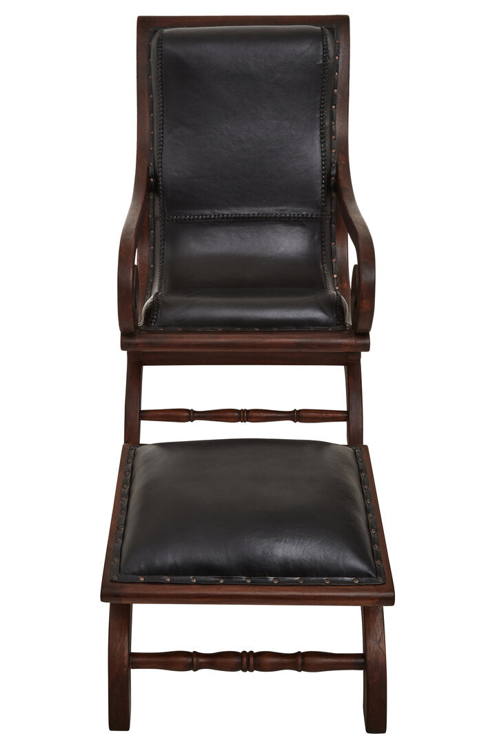 Andes Genuine Black Leather and Teak Lounge Chair with Footstool