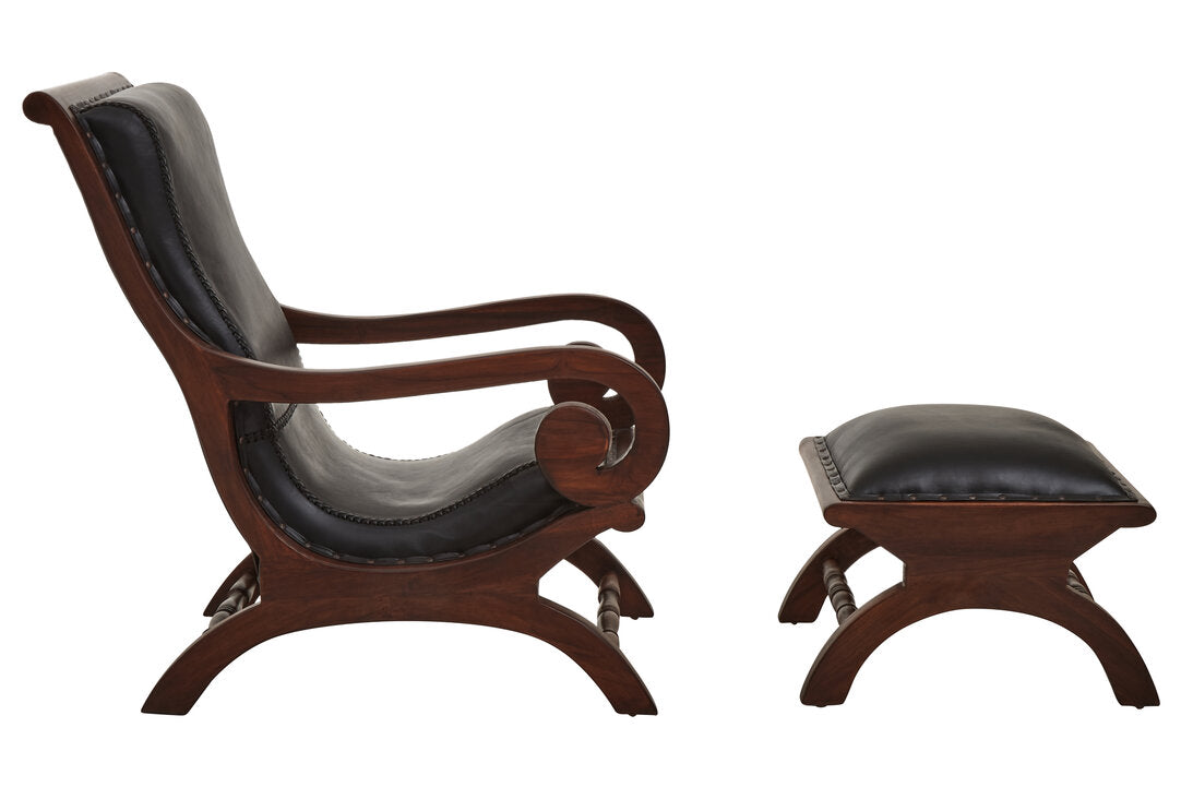 Andes Genuine Black Leather and Teak Lounge Chair with Footstool