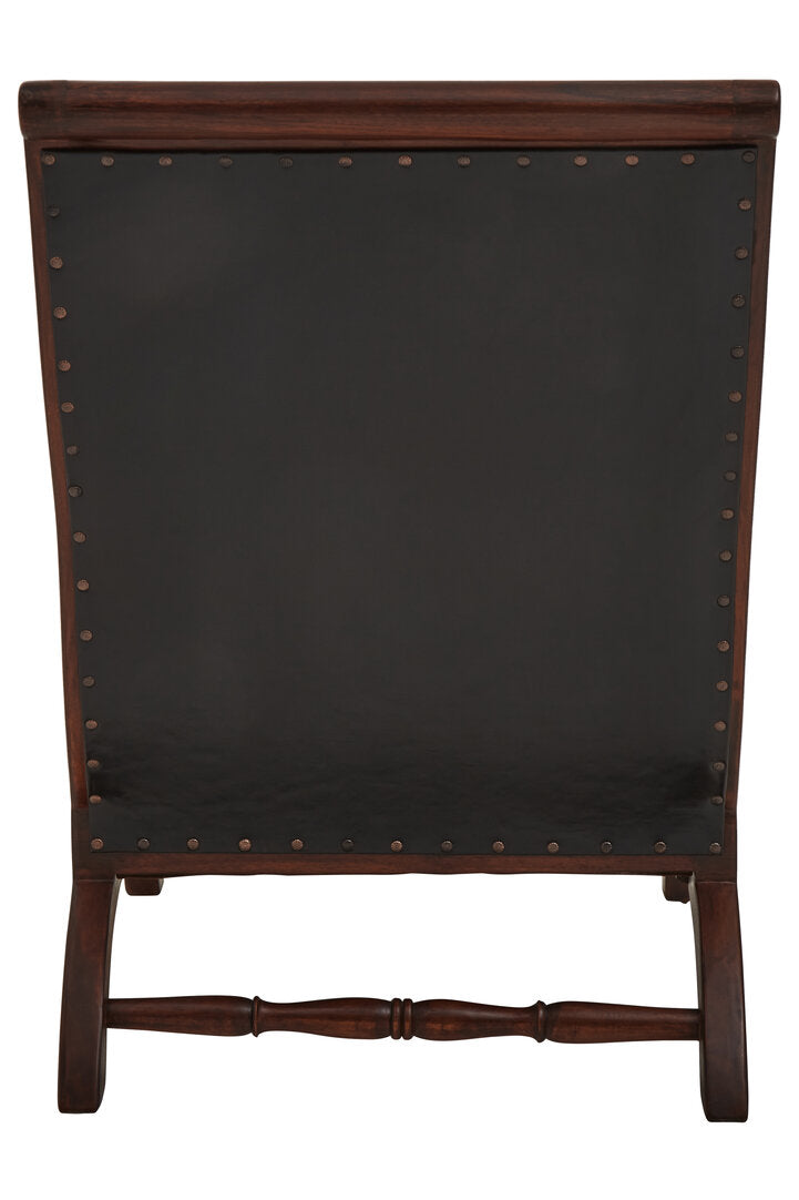 Andes Genuine Black Leather and Teak Lounge Chair with Footstool