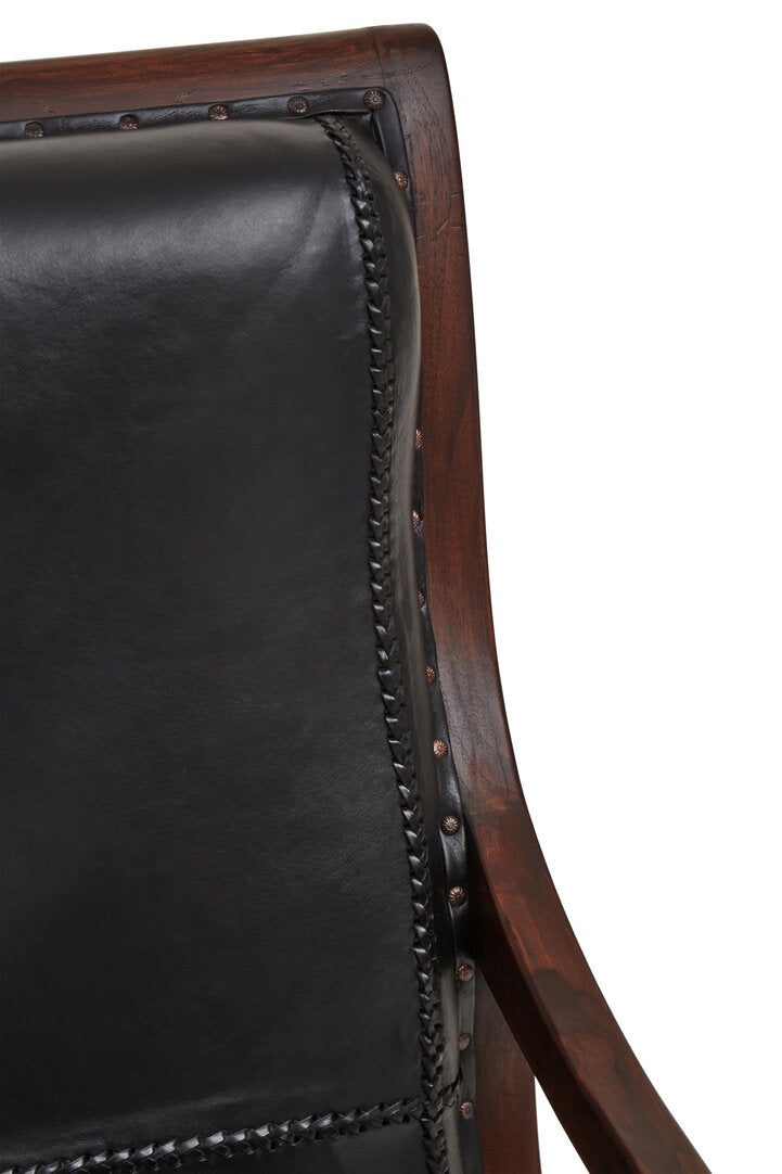 Andes Genuine Black Leather and Teak Lounge Chair with Footstool