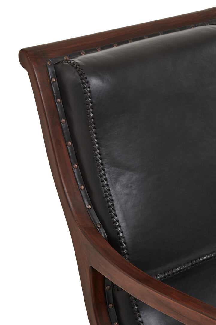 Andes Genuine Black Leather and Teak Lounge Chair with Footstool